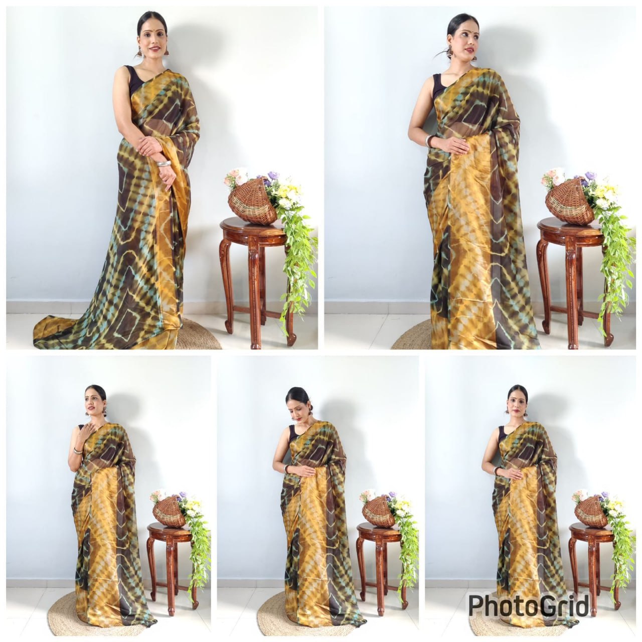 Green Ready to Wear Chiffon Saree With Unstitched Blouse Piece