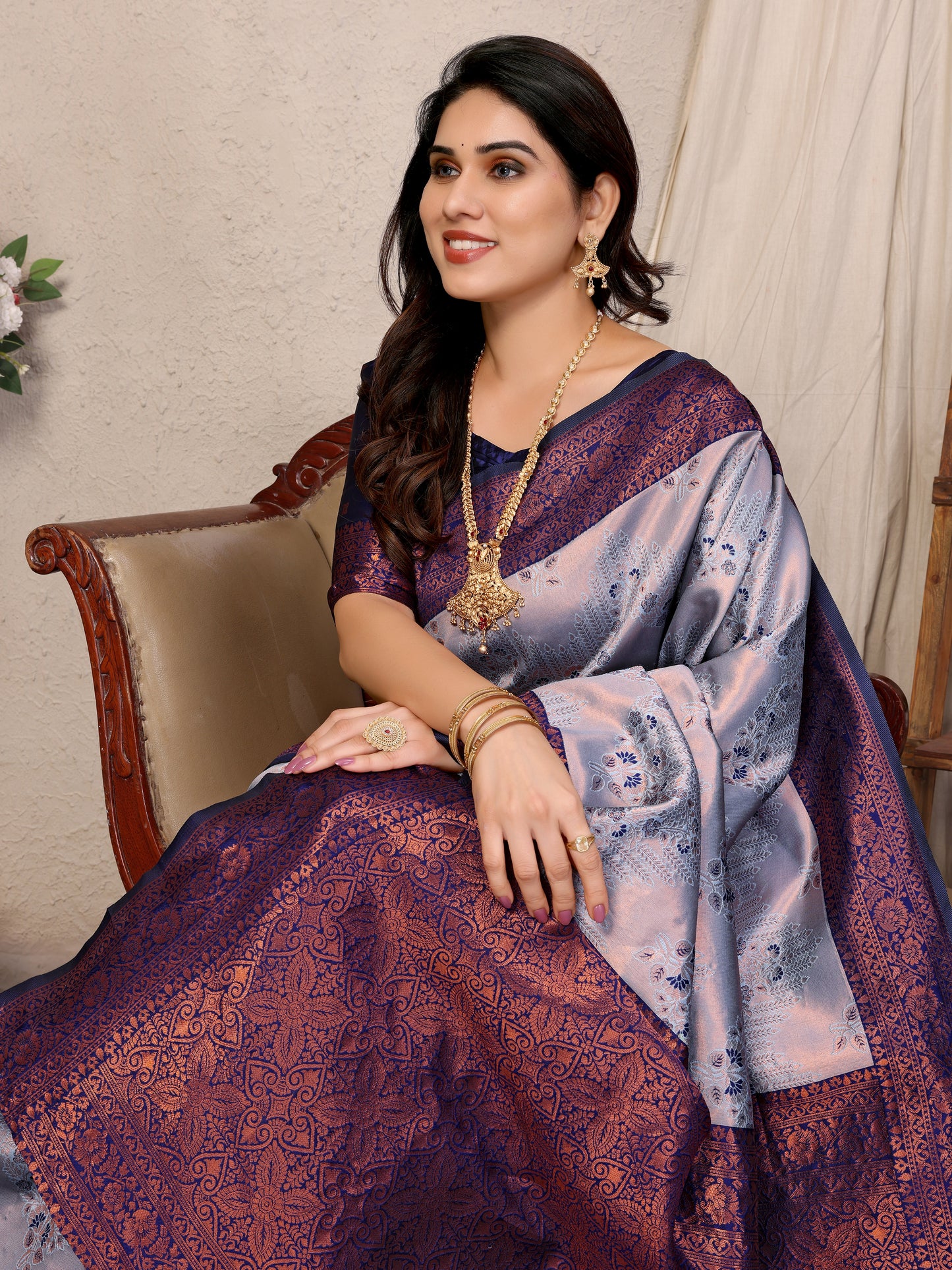 Grey-Neavy Blue Pure Soft Banarasi Silk Saree With Engrossing Blouse Piece