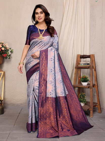 Grey-Neavy Blue Pure Soft Banarasi Silk Saree With Engrossing Blouse Piece