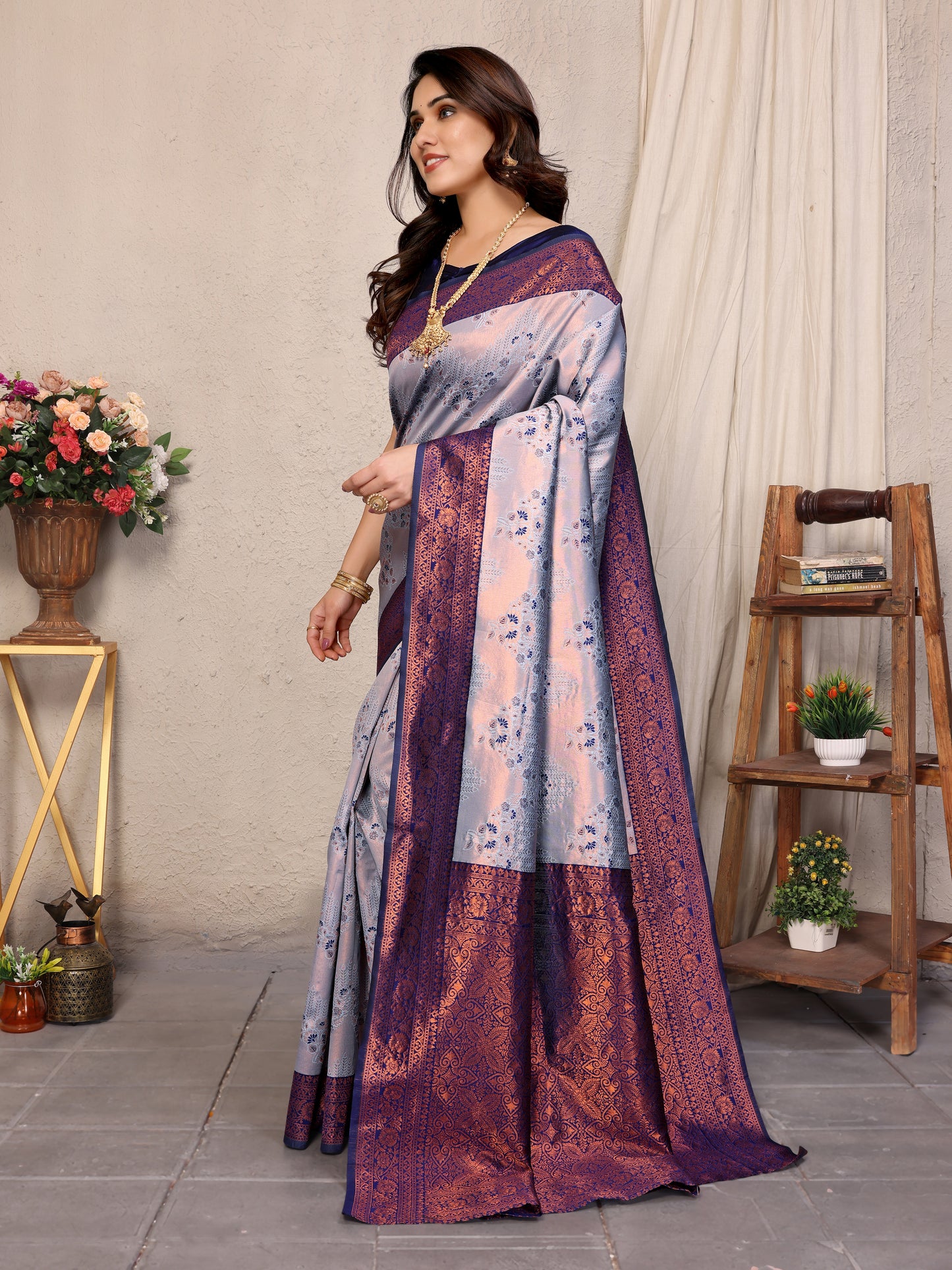 Grey-Neavy Blue Pure Soft Banarasi Silk Saree With Engrossing Blouse Piece