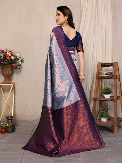 Grey-Neavy Blue Pure Soft Banarasi Silk Saree With Engrossing Blouse Piece