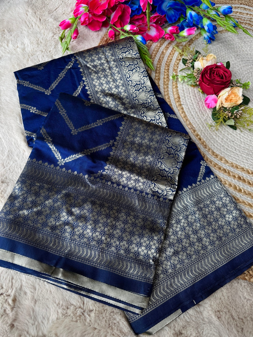 Navy Blue Combination Pure Soft Semi Silk Saree With Attractive Blouse Piece