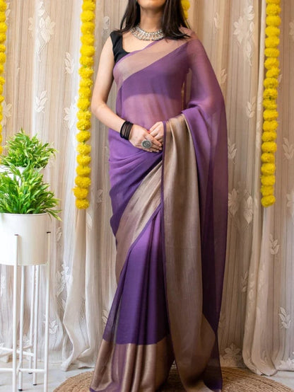 Lavender Ready to Wear Chiffon Saree With Unstitched Blouse Piece