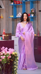 Lavender Ready to Wear Satin Saree With Unstitched Blouse Piece