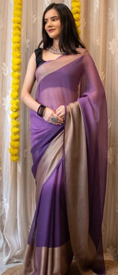 Lavender Ready to Wear Chiffon Saree With Unstitched Blouse Piece