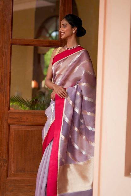 Lavender Banarasi Linen Pure Cotton Semi Silk Saree With Unstiched Attractive Blouse Piece