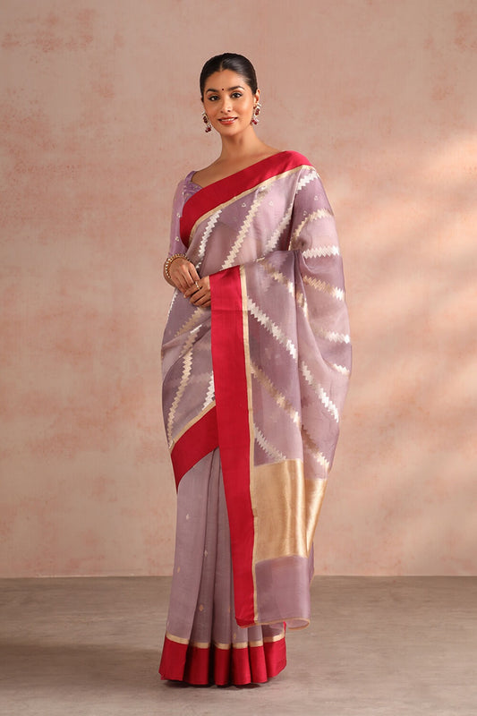 Lavender Banarasi Linen Pure Cotton Semi Silk Saree With Unstiched Attractive Blouse Piece