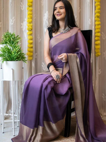 Lavender Ready to Wear Chiffon Saree With Unstitched Blouse Piece