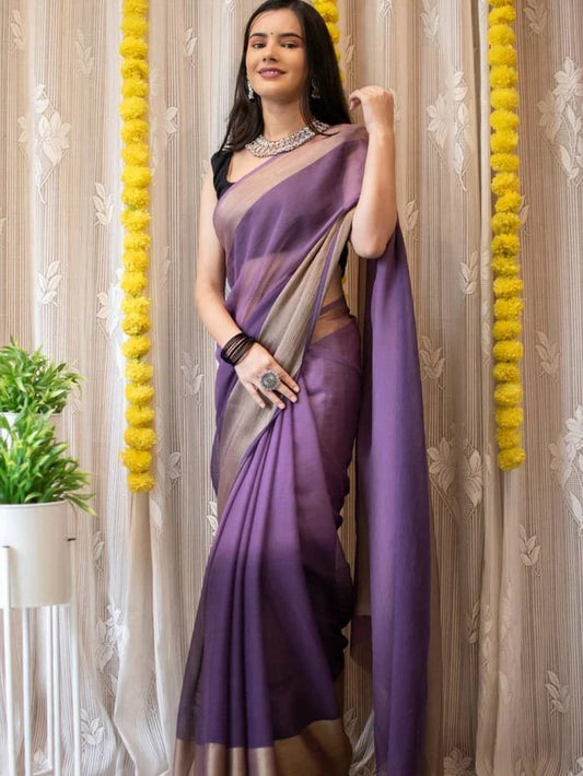 Lavender Ready to Wear Chiffon Saree With Unstitched Blouse Piece