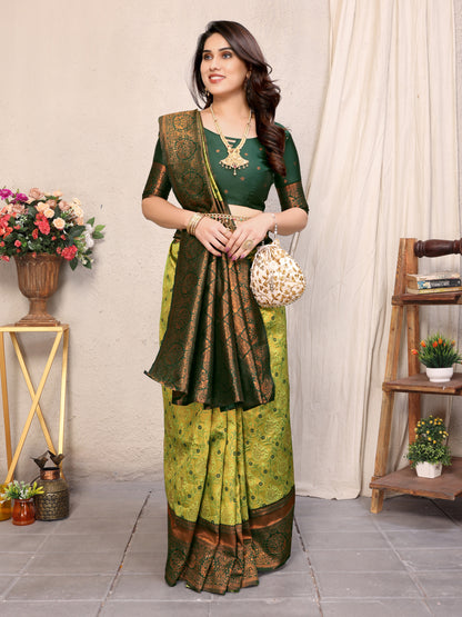 Lemon Green Pure Soft Banarasi Silk Saree With Engrossing Blouse Piece