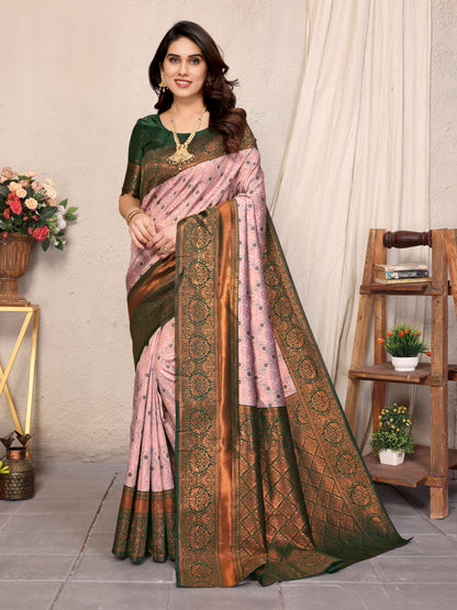 Light Pink Pure Soft Banarasi Silk Saree With Engrossing Blouse Piece