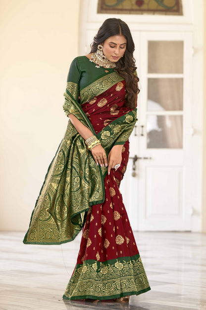 Maroon Green Pure Soft Silk Saree With Engrossing Blouse Piece