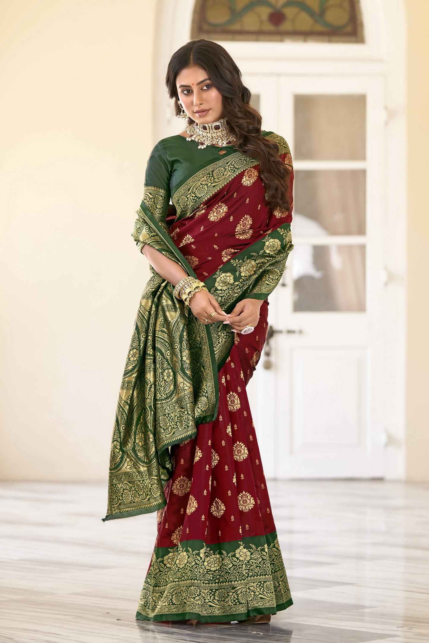 Maroon Green Pure Soft Silk Saree With Engrossing Blouse Piece