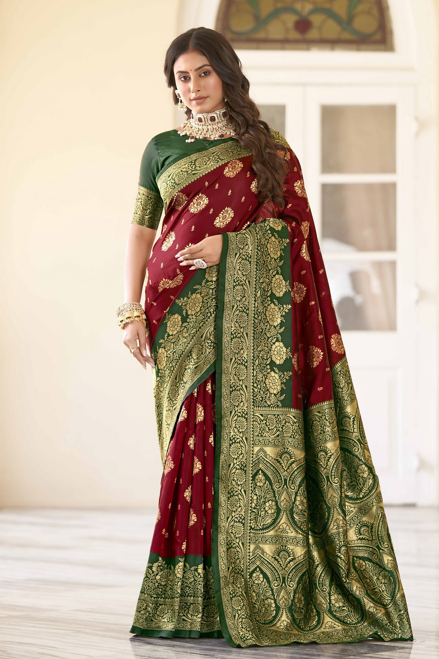 Maroon Green Pure Soft Silk Saree With Engrossing Blouse Piece