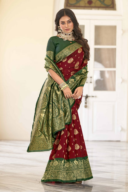 Maroon Green Pure Soft Silk Saree With Engrossing Blouse Piece