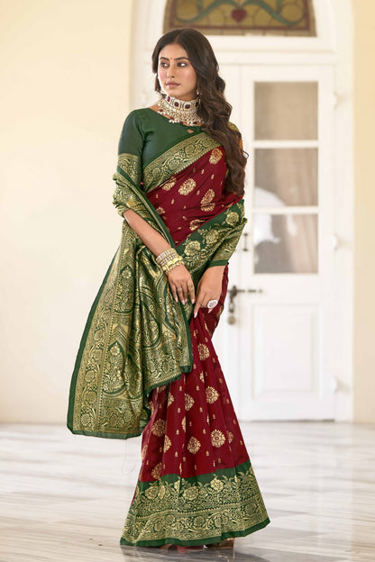 Maroon Green Pure Soft Silk Saree With Engrossing Blouse Piece