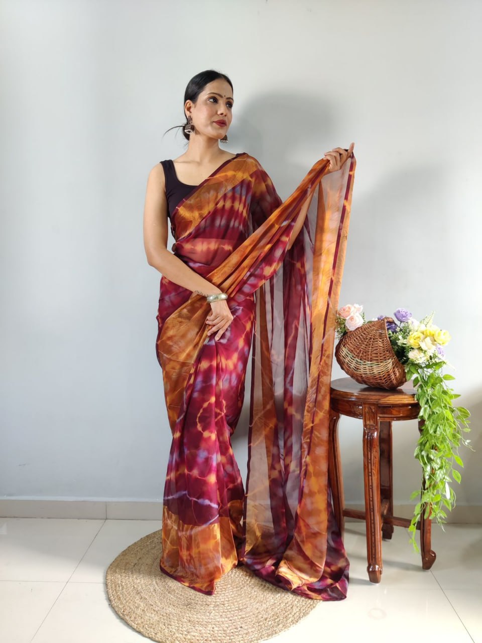 Maroon Ready to Wear Chiffon Saree With Unstitched Blouse Piece