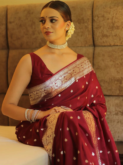 Maroon Kanjivaram Pure Soft Semi Silk Saree With Unstiched Attractive Blouse Piece