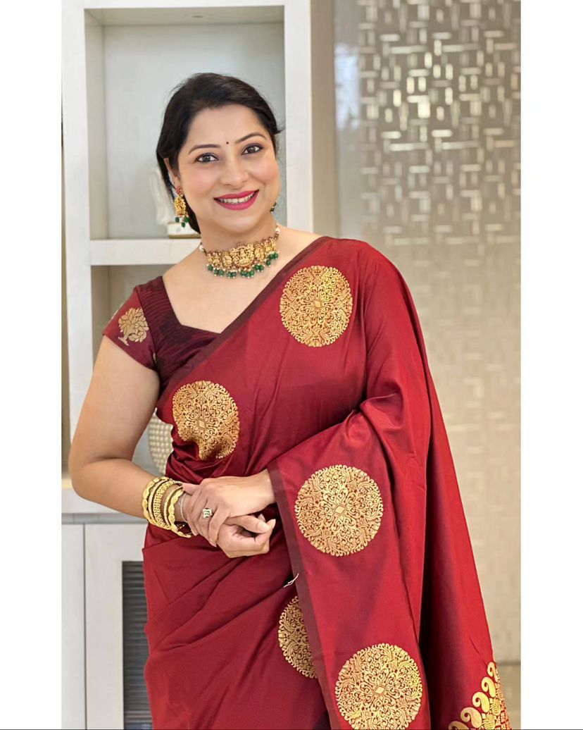 Maroon Banarasi Pure Soft Semi Silk Saree With Unstiched Attractive Blouse Piece