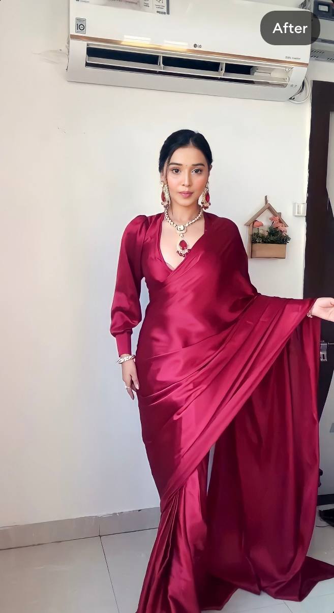 Maroon Ready to Wear Satin Saree With Unstitched Blouse Piece