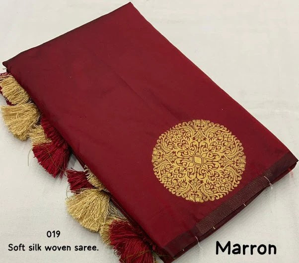 Maroon Banarasi Pure Soft Semi Silk Saree With Unstiched Attractive Blouse Piece