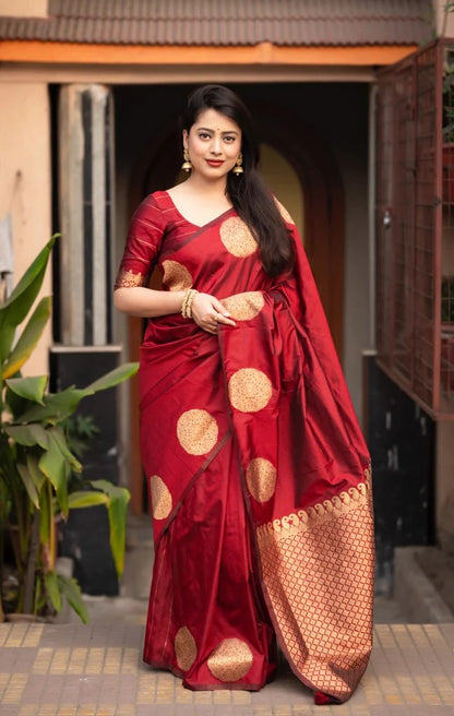 Maroon Banarasi Pure Soft Semi Silk Saree With Unstiched Attractive Blouse Piece