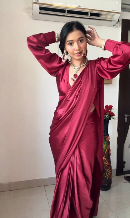 Maroon Ready to Wear Satin Saree With Unstitched Blouse Piece