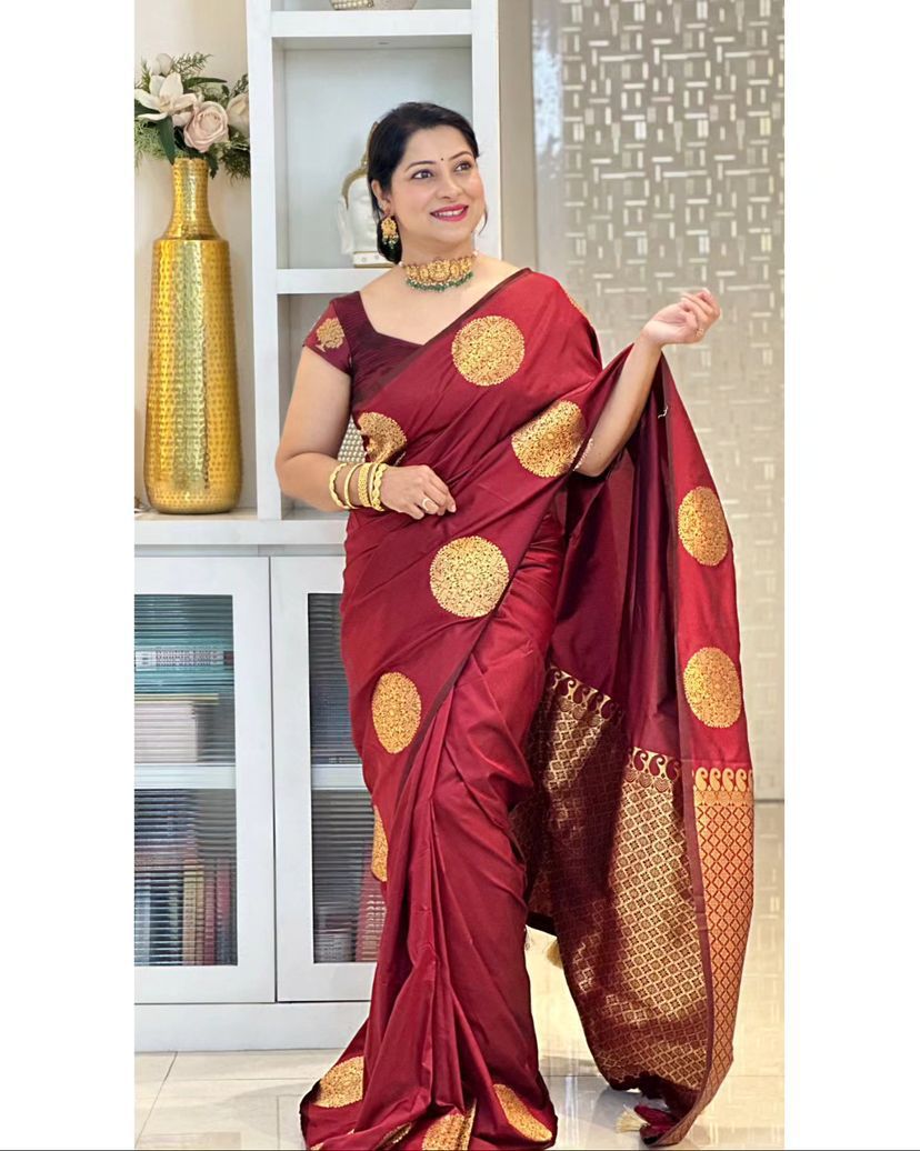 Maroon Banarasi Pure Soft Semi Silk Saree With Unstiched Attractive Blouse Piece