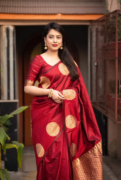 Maroon Banarasi Pure Soft Semi Silk Saree With Unstiched Attractive Blouse Piece