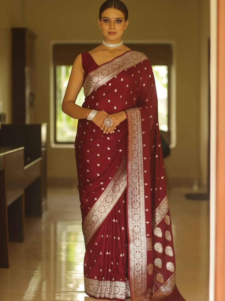 Maroon Kanjivaram Pure Soft Semi Silk Saree With Unstiched Attractive Blouse Piece