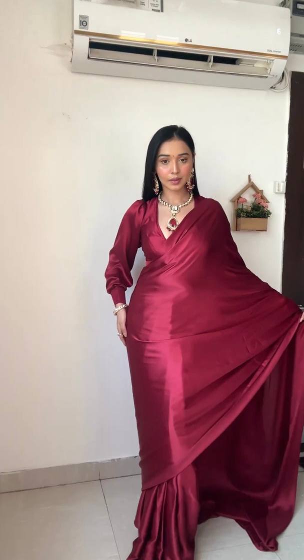 Maroon Ready to Wear Satin Saree With Unstitched Blouse Piece