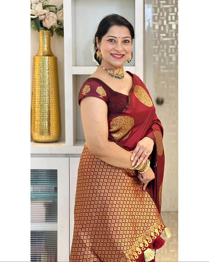 Maroon Banarasi Pure Soft Semi Silk Saree With Unstiched Attractive Blouse Piece