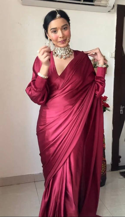 Maroon Ready to Wear Satin Saree With Unstitched Blouse Piece