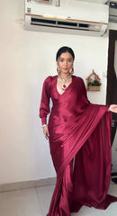 Maroon Ready to Wear Satin Saree With Unstitched Blouse Piece