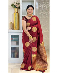 Maroon Banarasi Pure Soft Semi Silk Saree With Unstiched Attractive Blouse Piece