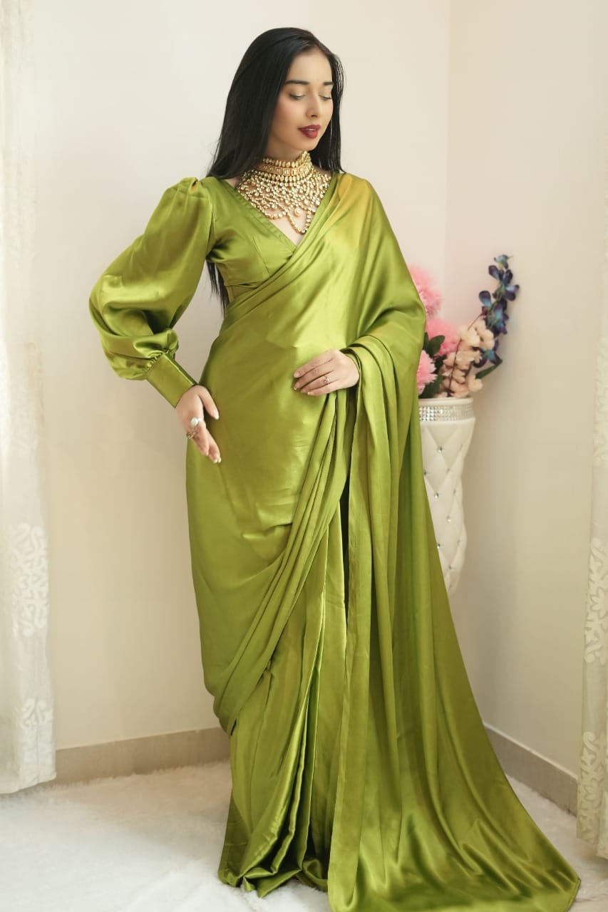 Mehendi Ready to Wear Satin Saree With Unstitched Blouse Piece