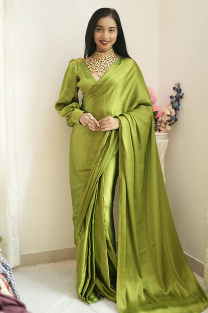 Mehendi Ready to Wear Satin Saree With Unstitched Blouse Piece