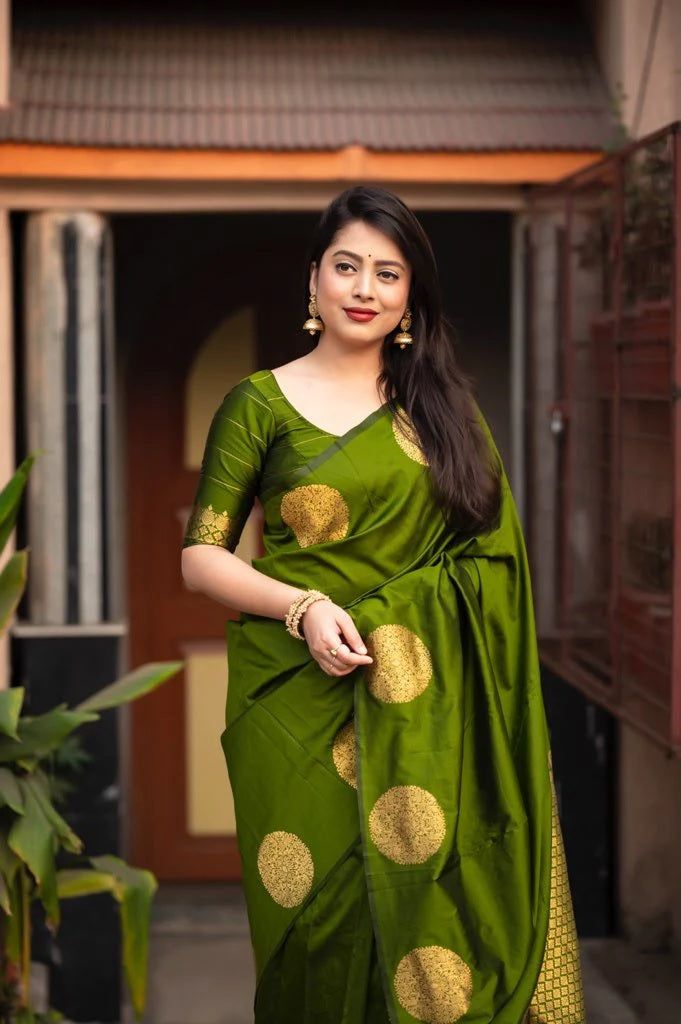 Mehendi Banarasi Pure Soft Semi Silk Saree With Unstiched Attractive Blouse Piece