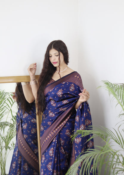 Navy Blue Kanjivaram Pure Soft Semi Silk Saree With Unstiched Attractive Blouse Piece