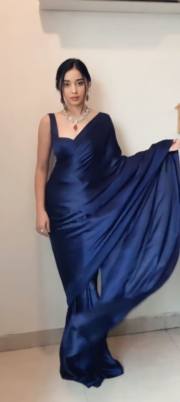 Navy Blue Ready to Wear Satin Saree With Unstitched Blouse Piece