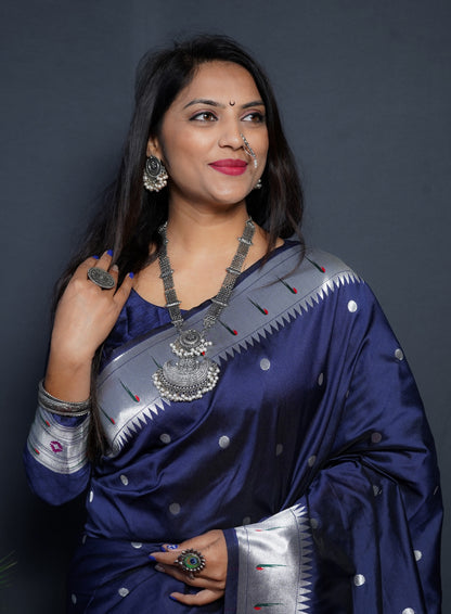 Navy Blue Kanjivaram Pure Soft Semi Silk Saree With Unstiched Attractive Blouse Piece