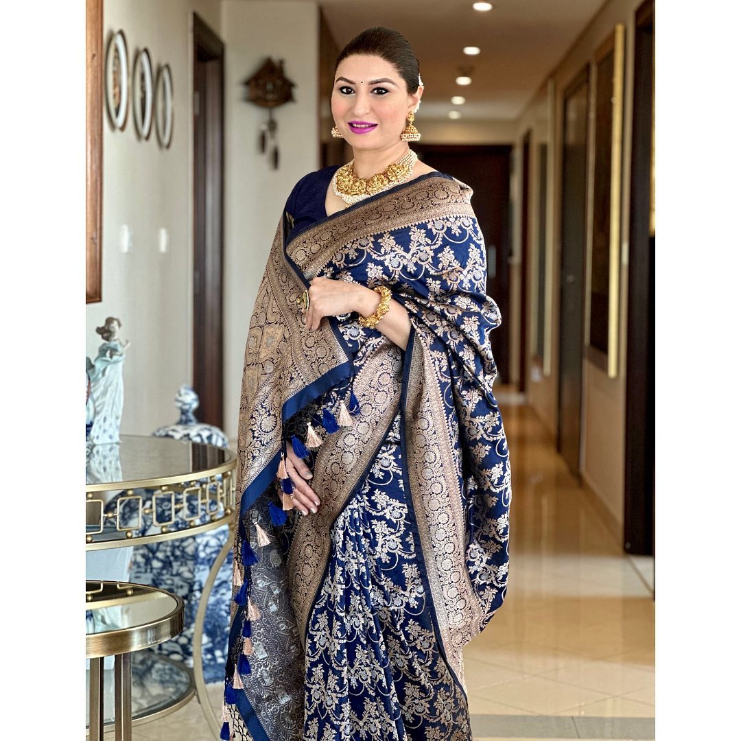 Navy Blue Banarasi Pure Soft Semi Silk Saree With Unstiched Attractive Blouse Piece