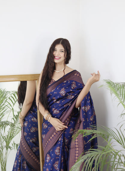 Navy Blue Kanjivaram Pure Soft Semi Silk Saree With Unstiched Attractive Blouse Piece