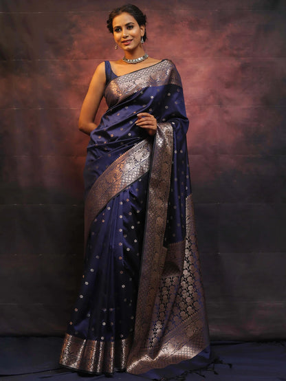 Navy Blue Kanjivaram Pure Soft Semi Silk Saree With Unstiched Attractive Blouse Piece