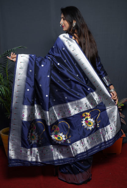 Navy Blue Kanjivaram Pure Soft Semi Silk Saree With Unstiched Attractive Blouse Piece