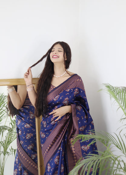 Navy Blue Kanjivaram Pure Soft Semi Silk Saree With Unstiched Attractive Blouse Piece