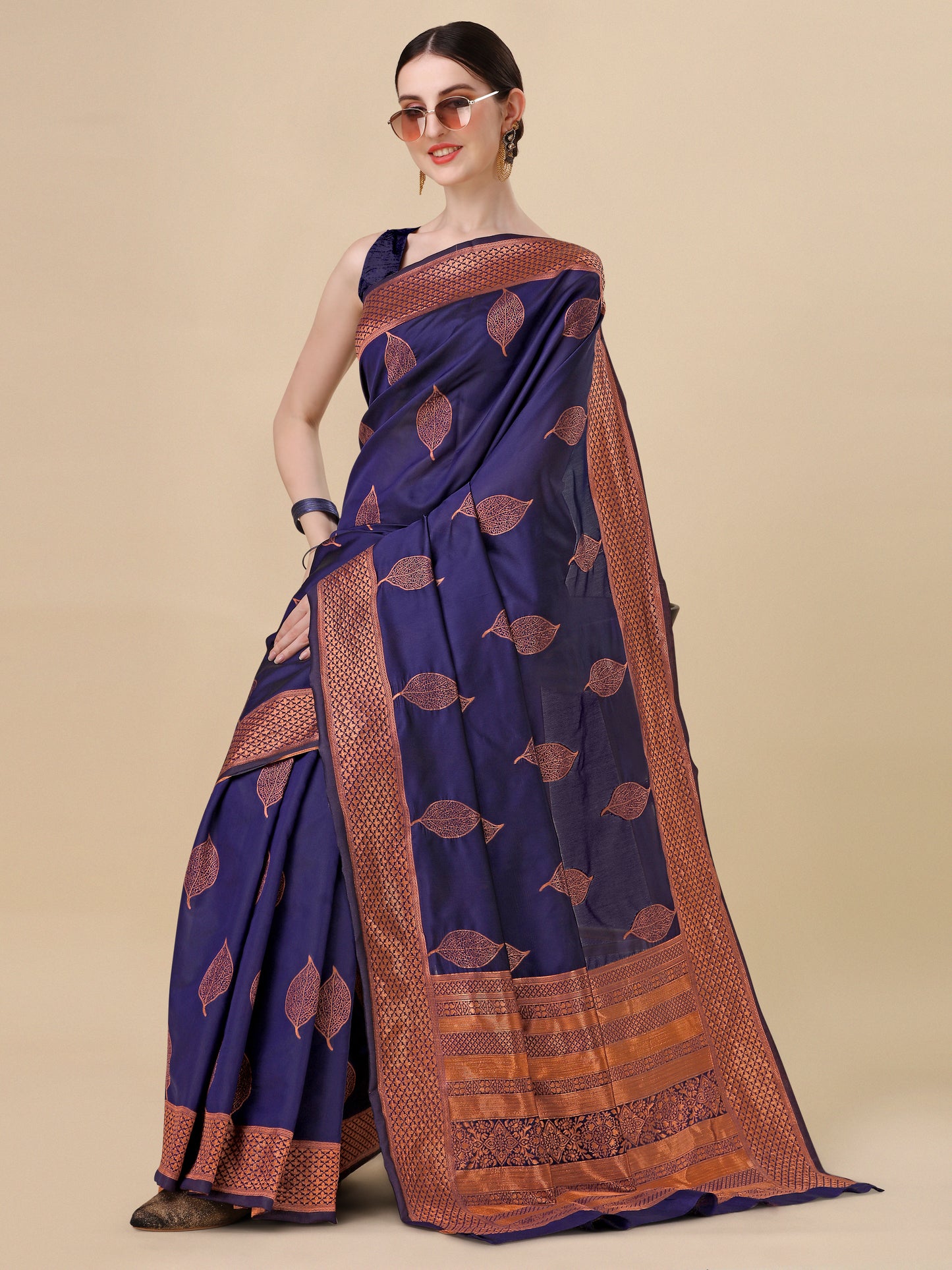 Navy Bule Pure Soft Silk Saree With Engrossing Blouse Piece