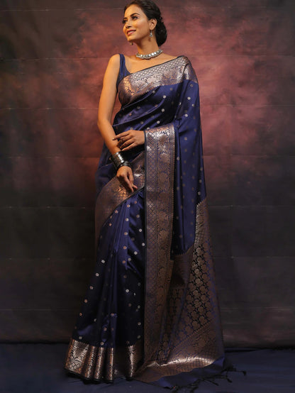 Navy Blue Kanjivaram Pure Soft Semi Silk Saree With Unstiched Attractive Blouse Piece