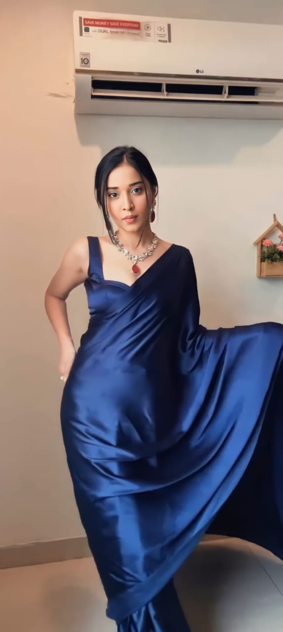 Navy Blue Ready to Wear Satin Saree With Unstitched Blouse Piece