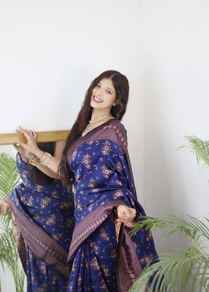 Navy Blue Kanjivaram Pure Soft Semi Silk Saree With Unstiched Attractive Blouse Piece